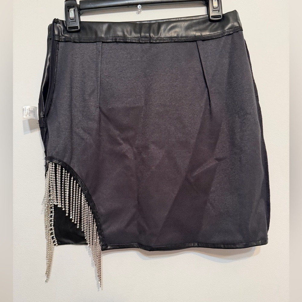 Bear Dance Size L Black Faux Leather Skirt with Rhinestone Fringe - Picture 7 of 11